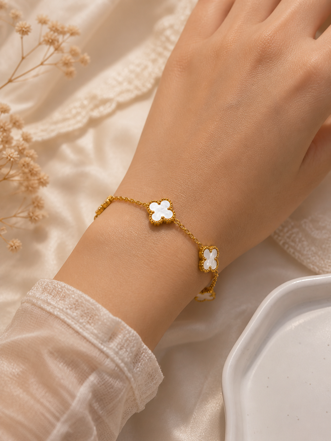 White Pearl Clover Bracelet