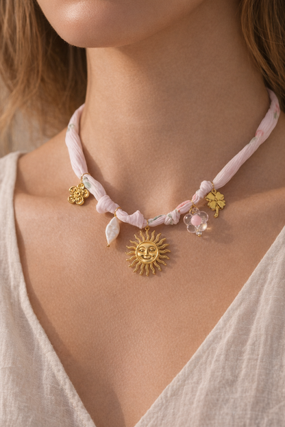 Bohemian Sun & Charm Floral Fabric Necklace