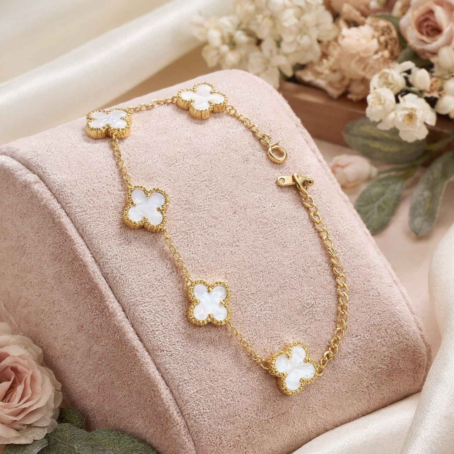 White Pearl Clover Bracelet