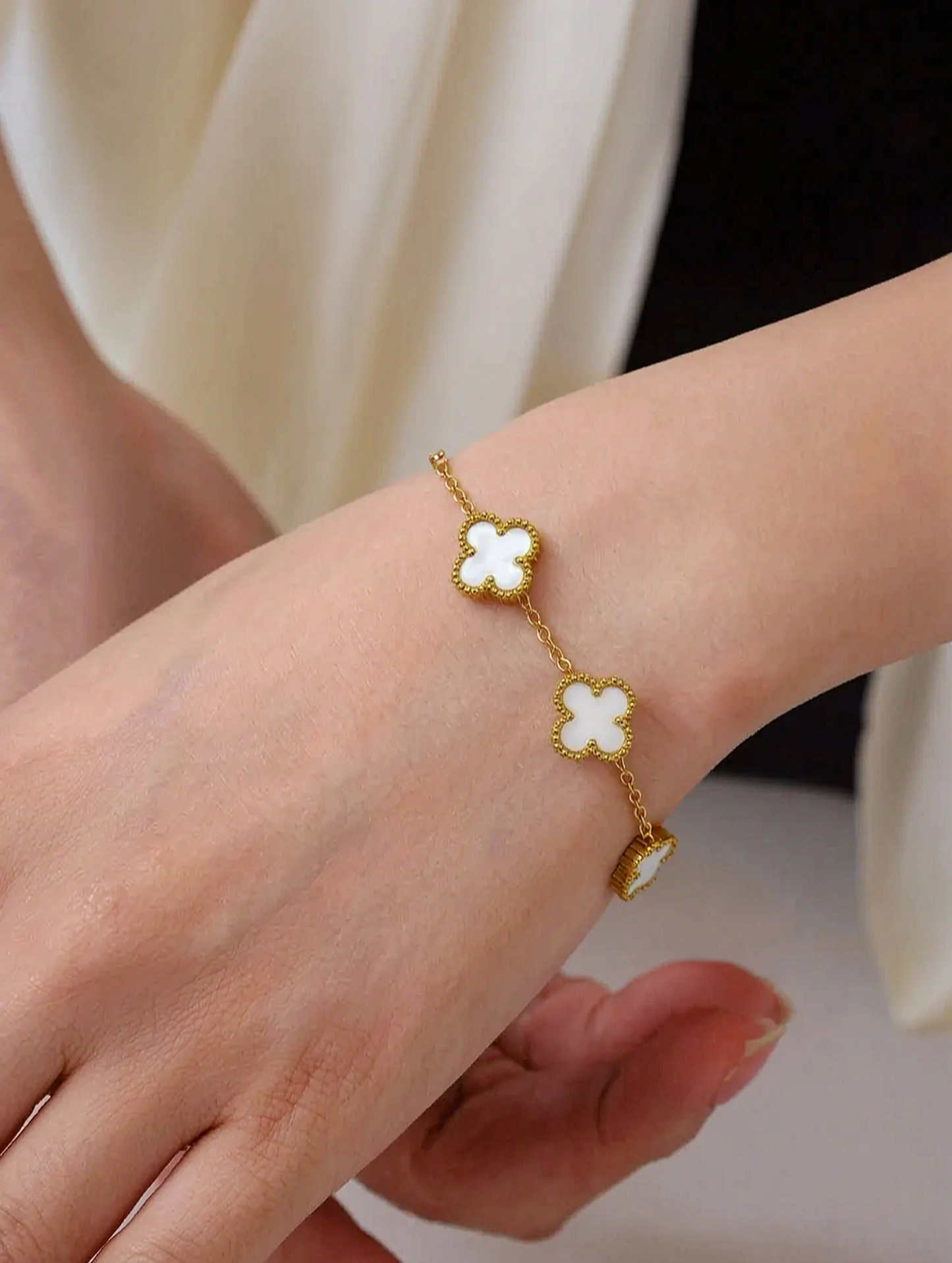 White Pearl Clover Bracelet