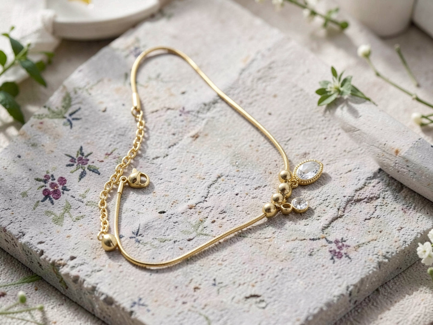 Gold Minimal Crystal Charm Anklet