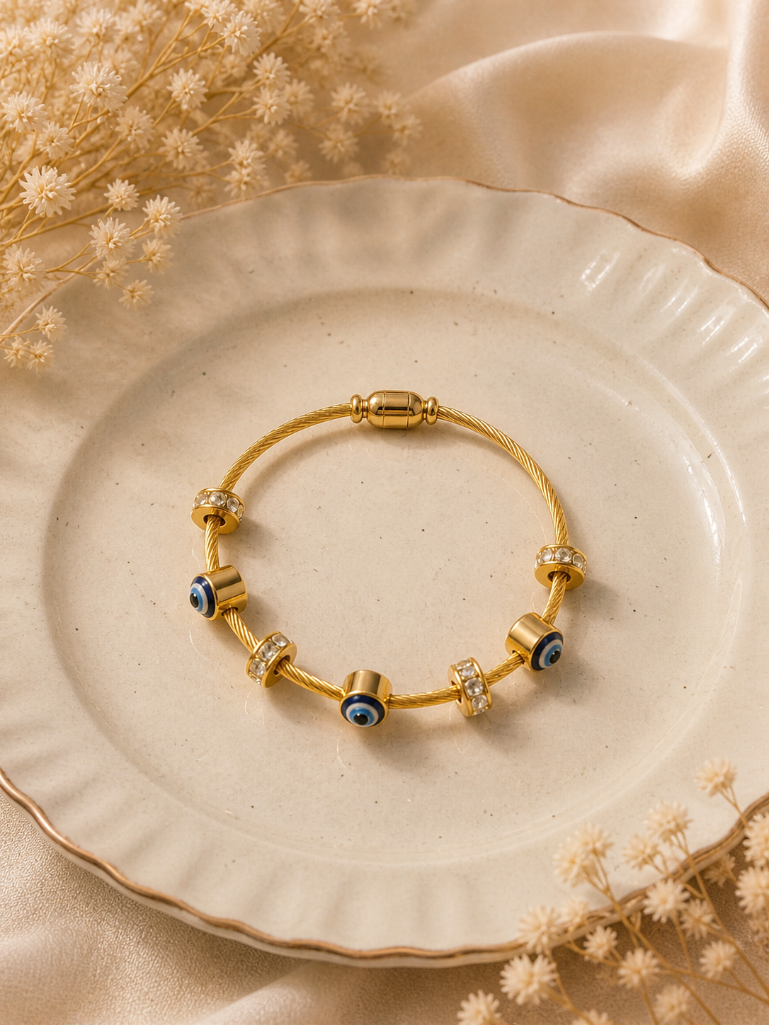 Evil Eye Gold Charm Bracelet with Crystal Beads