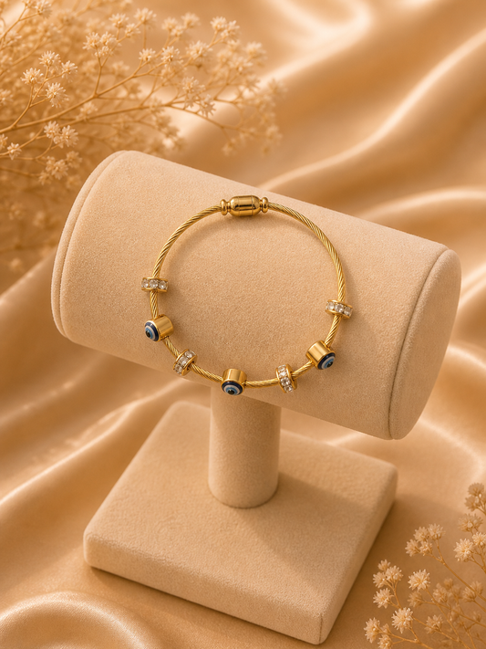 Evil Eye Gold Charm Bracelet with Crystal Beads